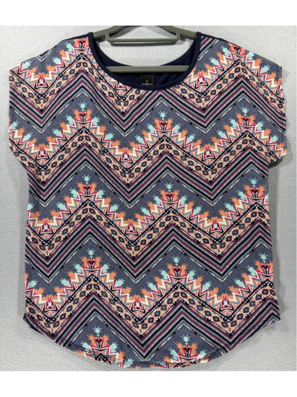New Directions Aztec Chevron Top Small S Short Sleeve Geometric Zig Zag Navy Blu